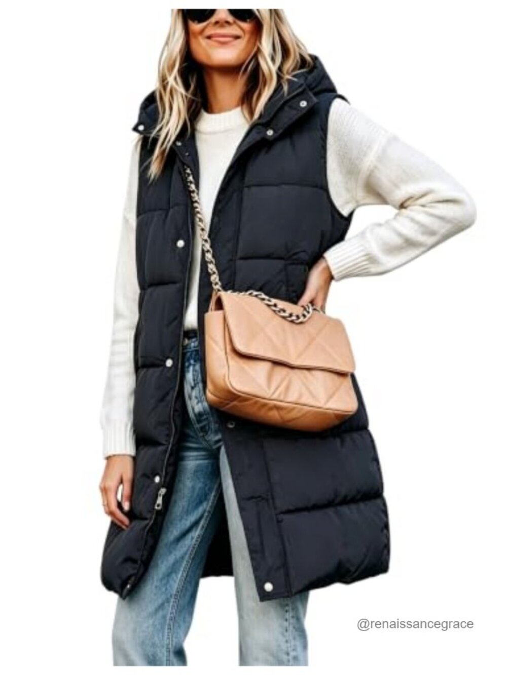 Womens Long Puffer Vest Removable Hood Quilted Zip Up Winter Outerwear